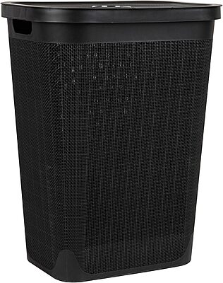 Mind Reader 60L Slim Laundry Hamper, Clothes Basket, Lid, Linen Design, Plastic, Black