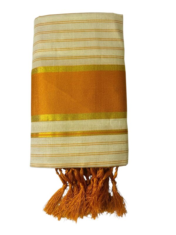 Women's Kuthampully Kerala Kasavu Set mundu Tissue with Kunjam | Kerala Tissue set mundu latest collections | Kuthampully Stripe Kasavu set mundu - Multi color KTM-901 (Orange)