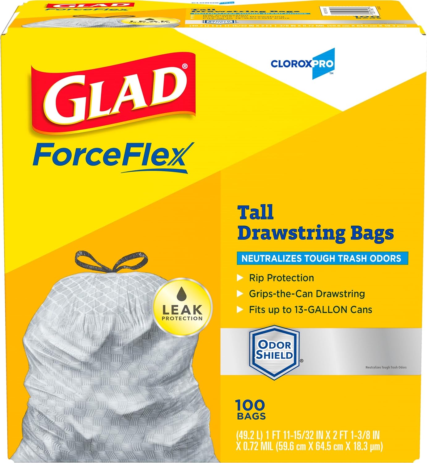 Glad Trash Bags, ForceFlex Tall Kitchen Drawstring Garbage Bags, Clorox 13 Gallon Trash Bags for Tall Trash Can