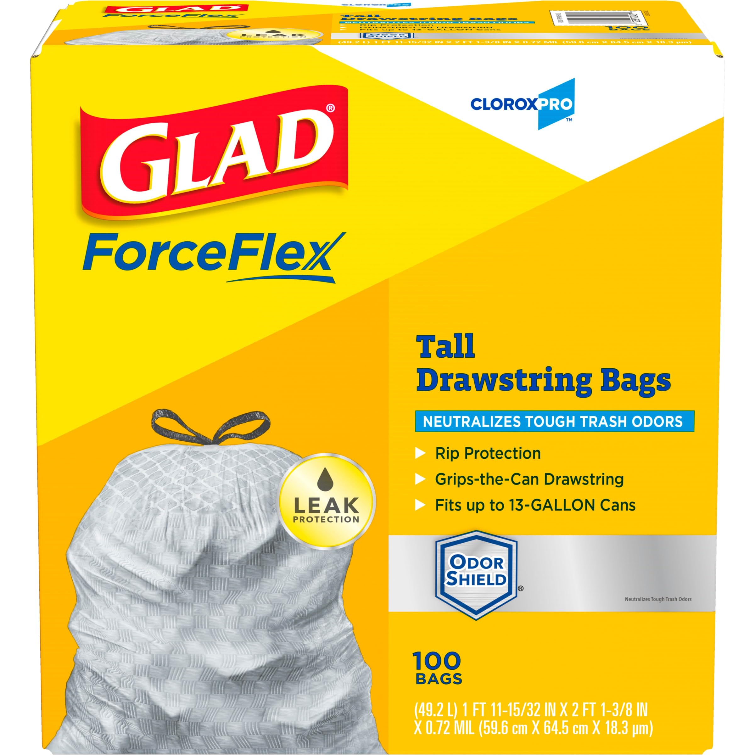 Glad Trash Bags, ForceFlex Tall Kitchen Drawstring Garbage Bags, Clorox 13 Gallon Trash Bags for Tall Trash Can
