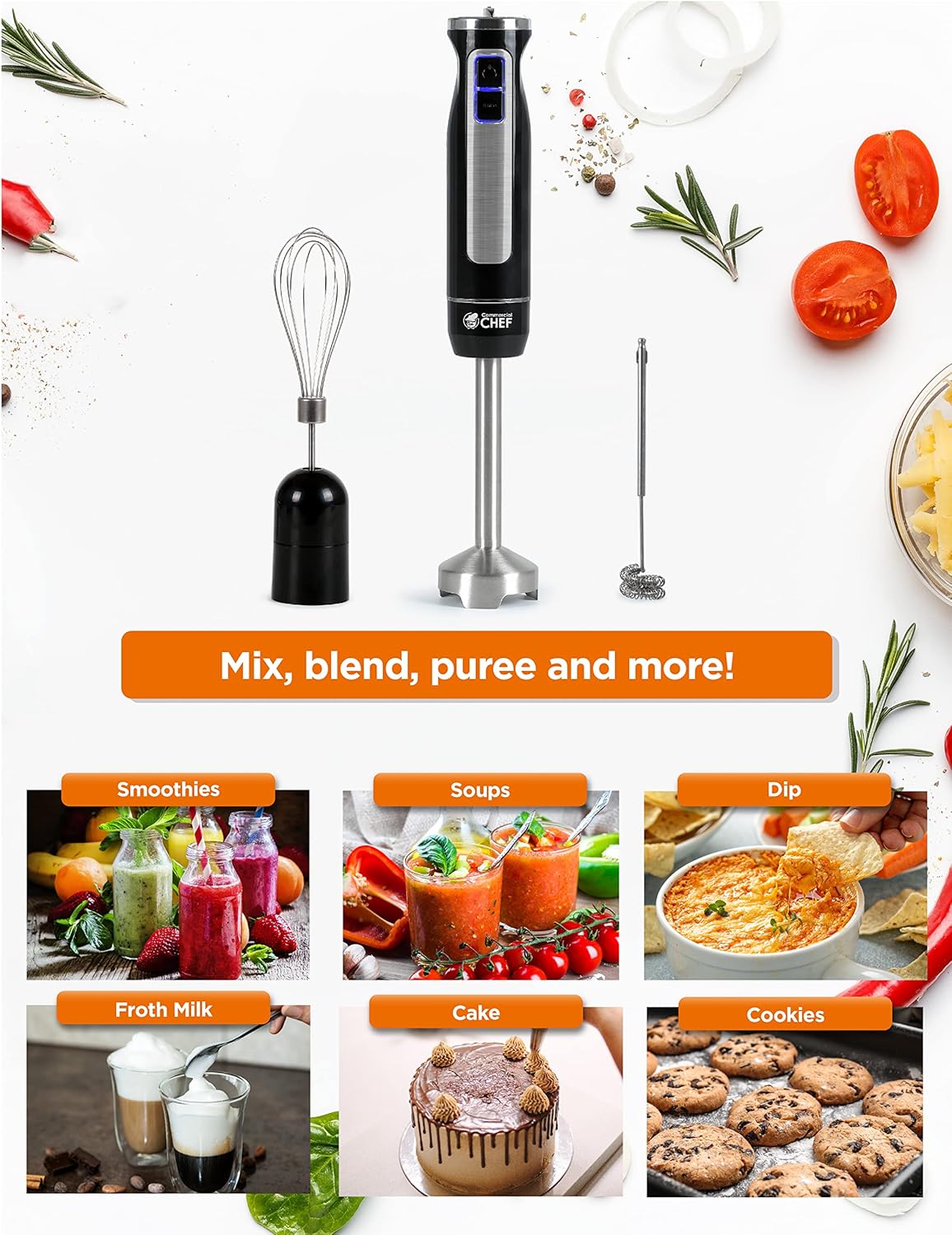 COMMERCIAL CHEF Immersion Blender, Multi-Purpose Immersion Hand Blender with Stainless Steel Blade