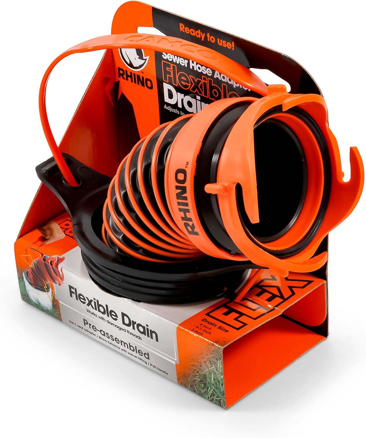Camco 39319 Flexible 3-in-1 Sewer Hose Seal with RhinoExtreme Hose and Handle- Flexible Fitting Makes Connection to a Sewer