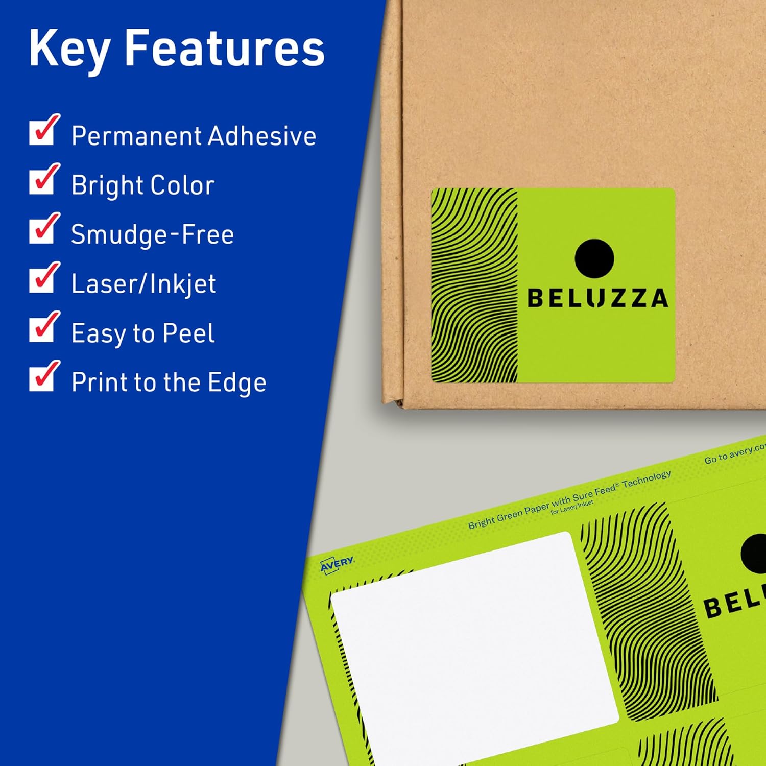 Avery Printable Rectangle Labels, Sure Feed Technology, 4" x 3", Bright Green Labels, Print-to-The-Edge