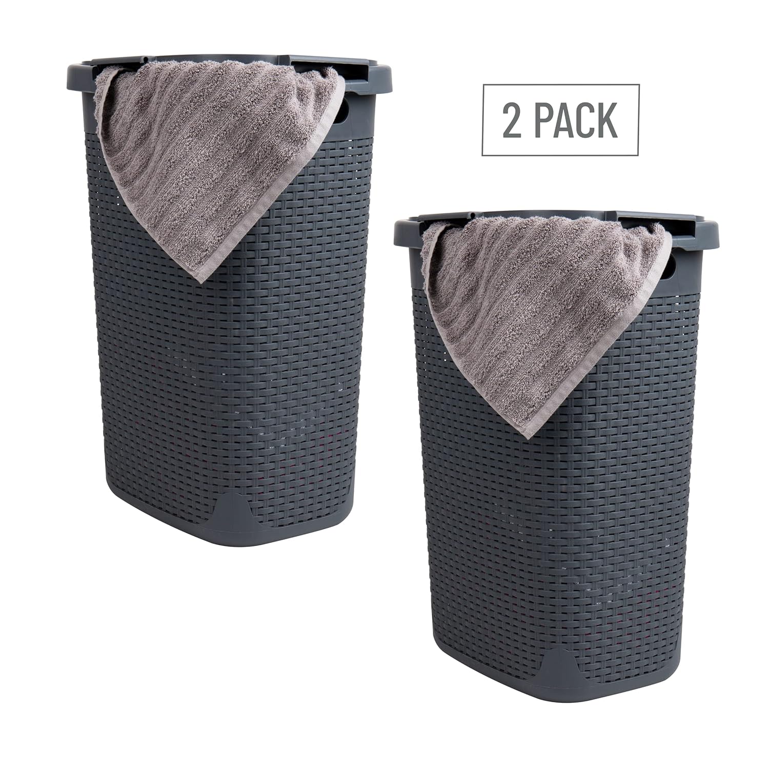 MIND READER Slim Laundry Hamper with Lid, 60L Wicker-Style Plastic