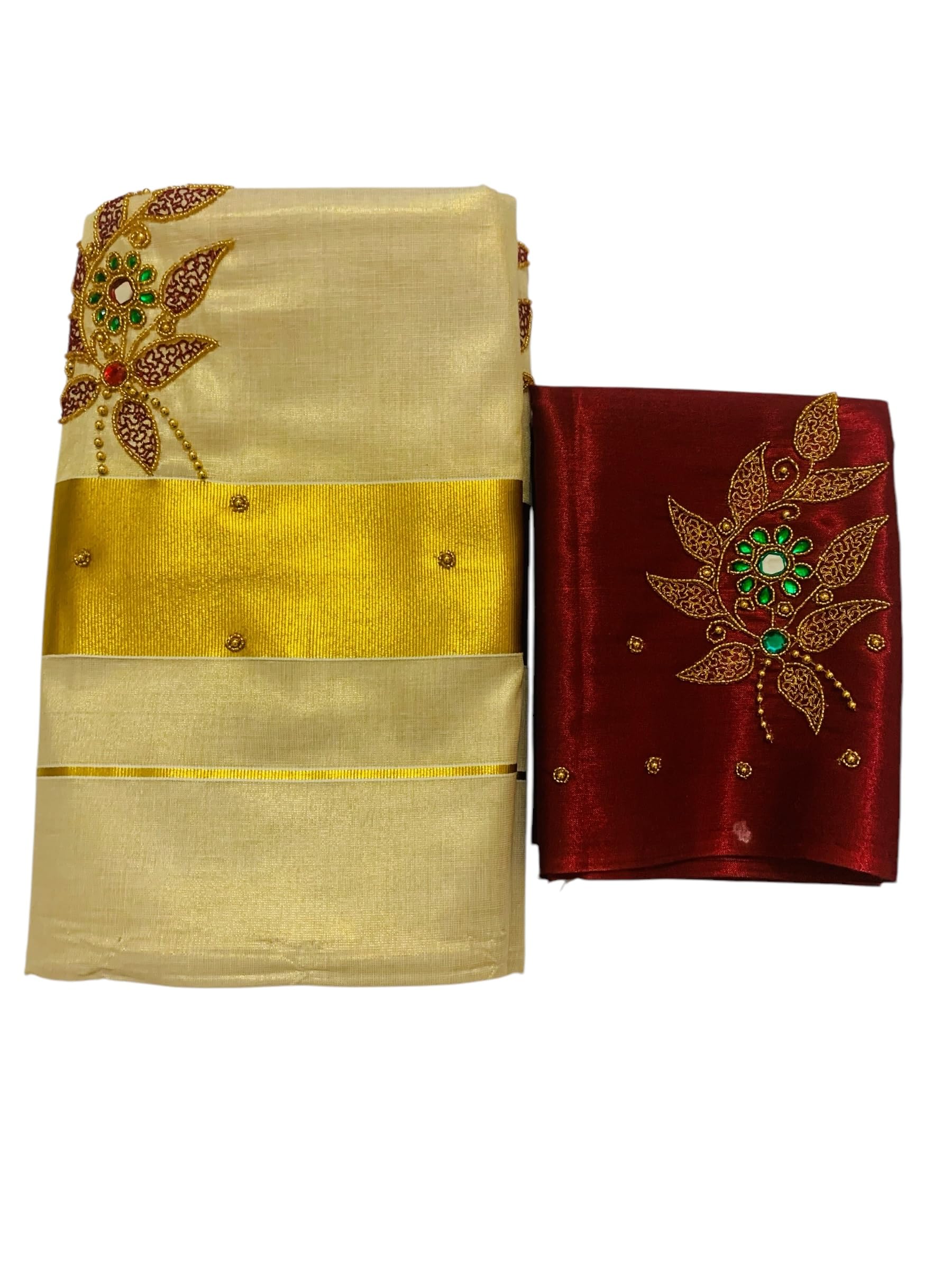 Kuthampully Kerala Kasavu Sarees For Women | Handcrafted Aari work Kerala Sarees | Tissue Onam Saree With Running Blouse | South Indian Sarees | Onam Saree EKM-861 (Maroon)