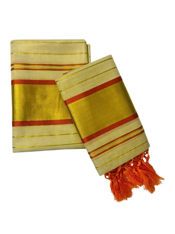 Women's Kuthampully Kerala Kasavu Set mundu Tissue Stripe with Kunjam | Kerala Tissue set mundu onam latest collections | Stripe Kasavu set mundu - Multi Color KTM-911 (Orange)