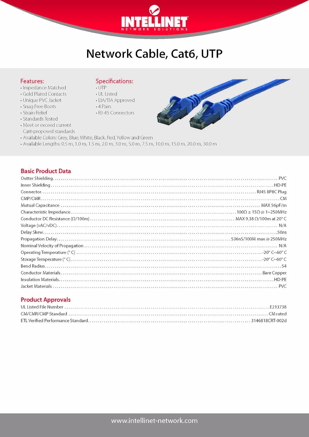 Intellinet Network Solutions Cat6 RJ-45 Male/RJ-45 Male UTP Network Patch Cable, 0.5-Feet (347174)