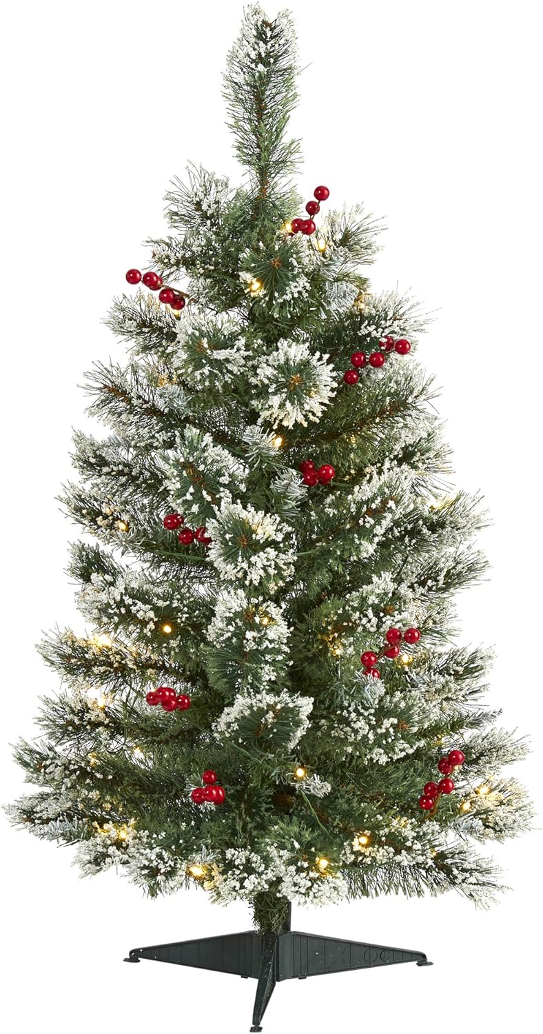Nearly Natural 3ft. Frosted Swiss Pine Artificial Christmas Tree with 50 Clear LED Lights and Berries