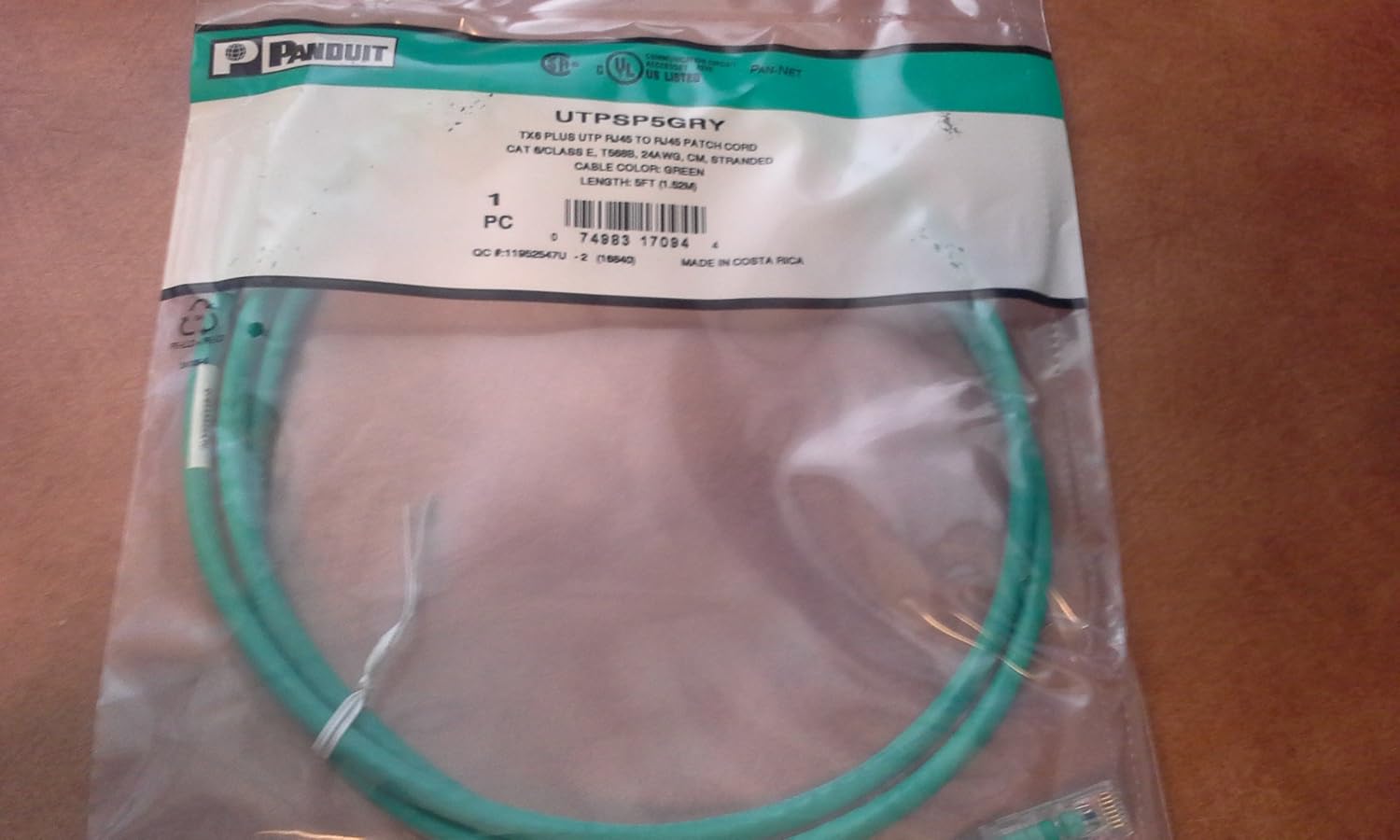 Panduit UTPSP5GRY Category-6 8-Conductor Strain Relief Clear Boot Patch Cord, Green, 5-Feet