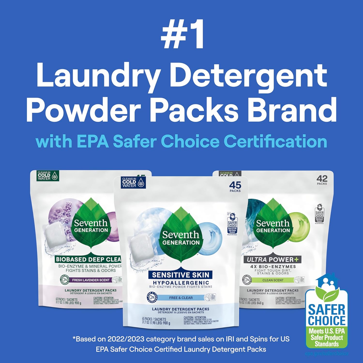 Seventh Generation Laundry Detergent Packs, Free & Clear, Made for Sensitive Skin, 45 Count