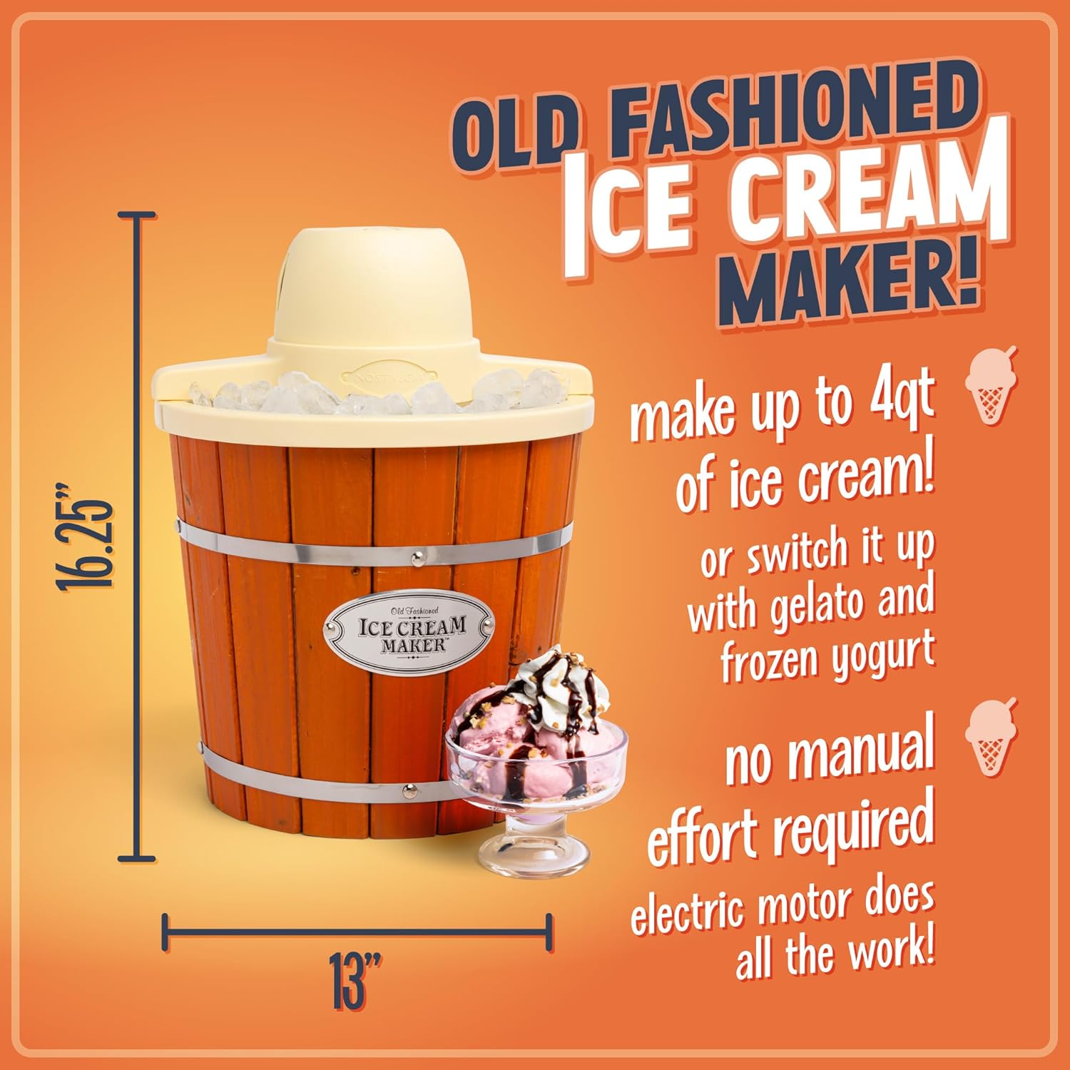NOSTALGIA 4-Quart Electric Ice Cream Maker - Old Fashioned Design