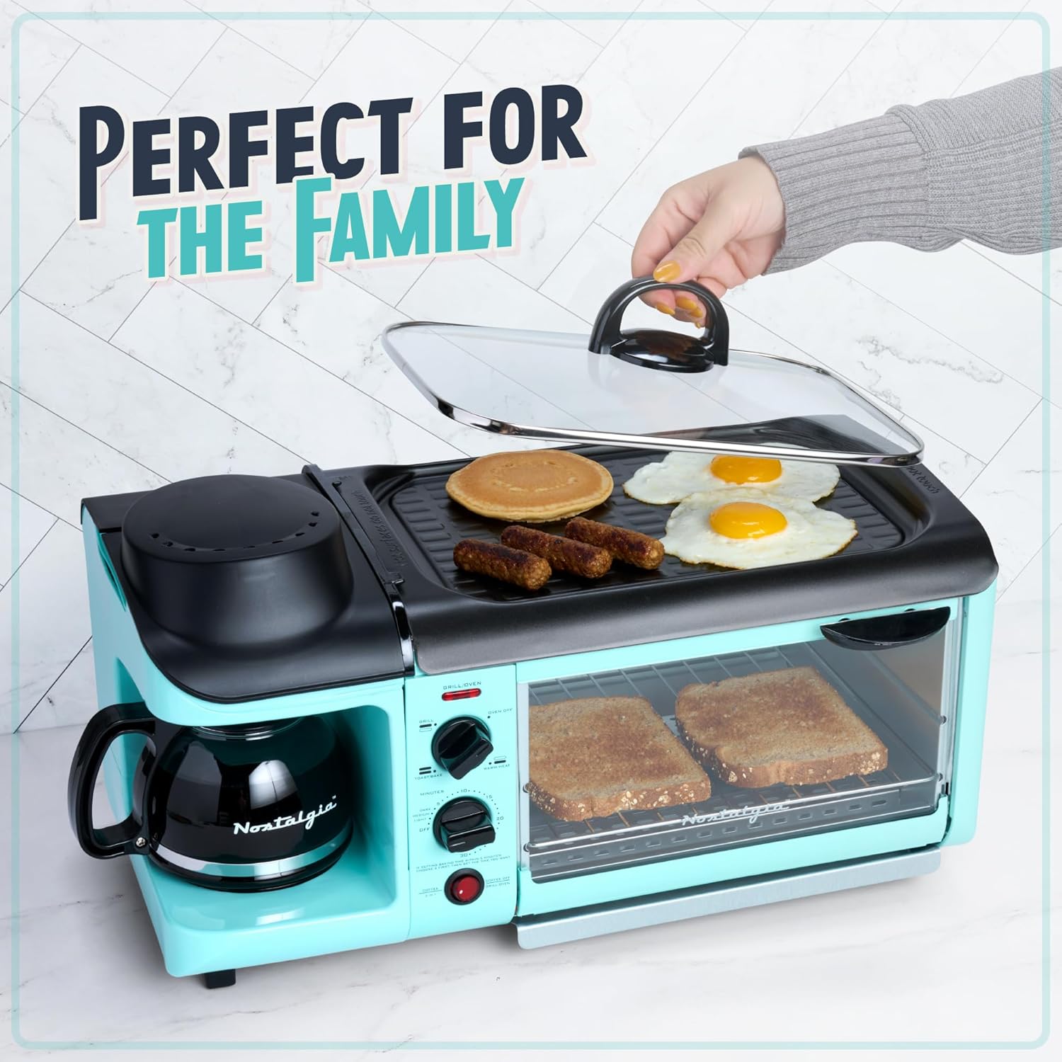 Nostalgia 3-in-1 Breakfast Station - Coffee Maker, Non-Stick Griddle, 4-Slice Toaster Oven