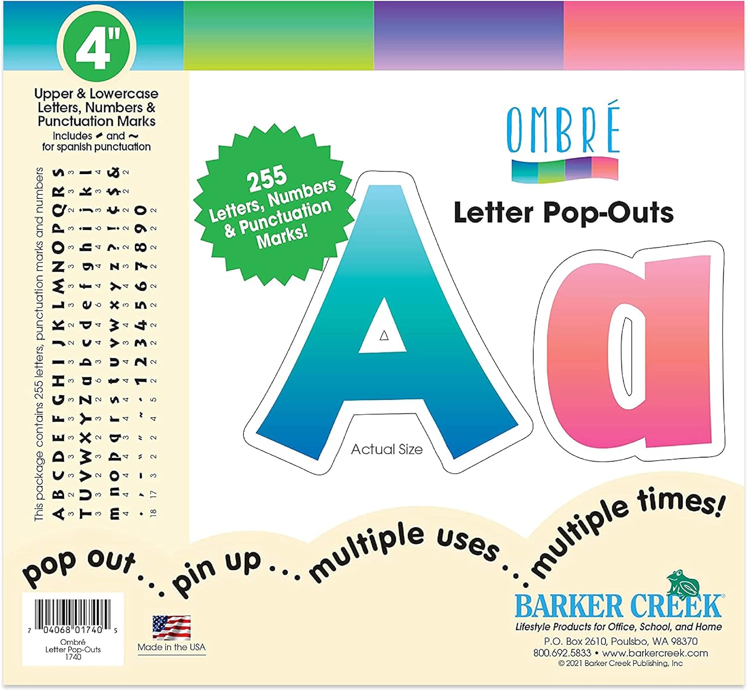 Barker Creek Letter Pop-Outs, 4" Multicolor Die-Cut Letters, 255 Characters