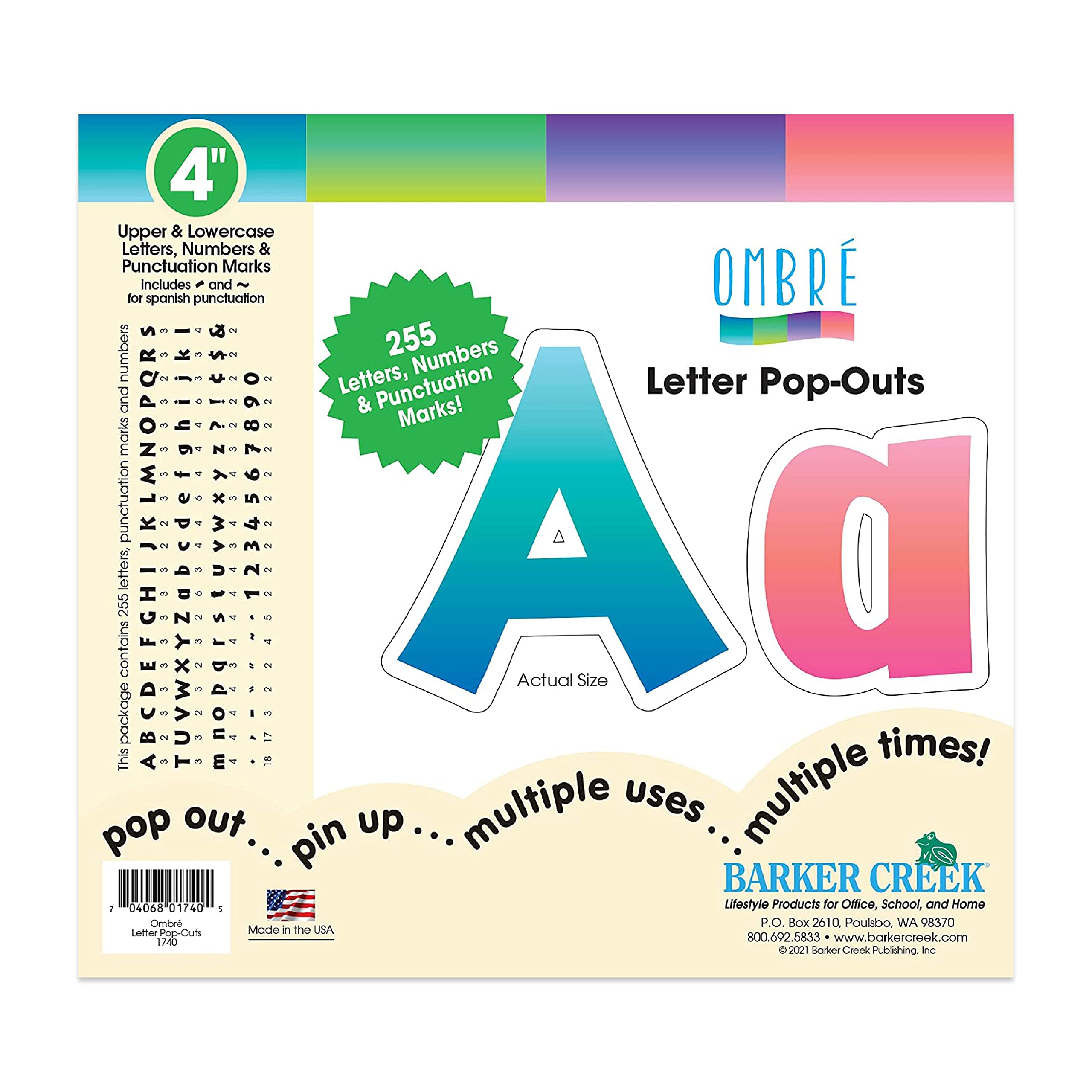 Barker Creek Letter Pop-Outs, 4" Multicolor Die-Cut Letters, 255 Characters