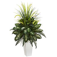 Nearly Natural Artificial White Mixed River Fern and Dogtail Plant, Tower Planter, Green,26"Dx26"Wx48"H