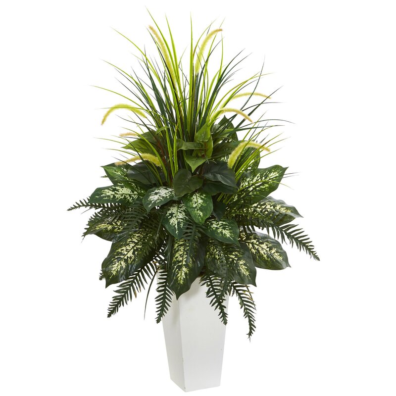 Nearly Natural Artificial White Mixed River Fern and Dogtail Plant, Tower Planter, Green,26"Dx26"Wx48"H