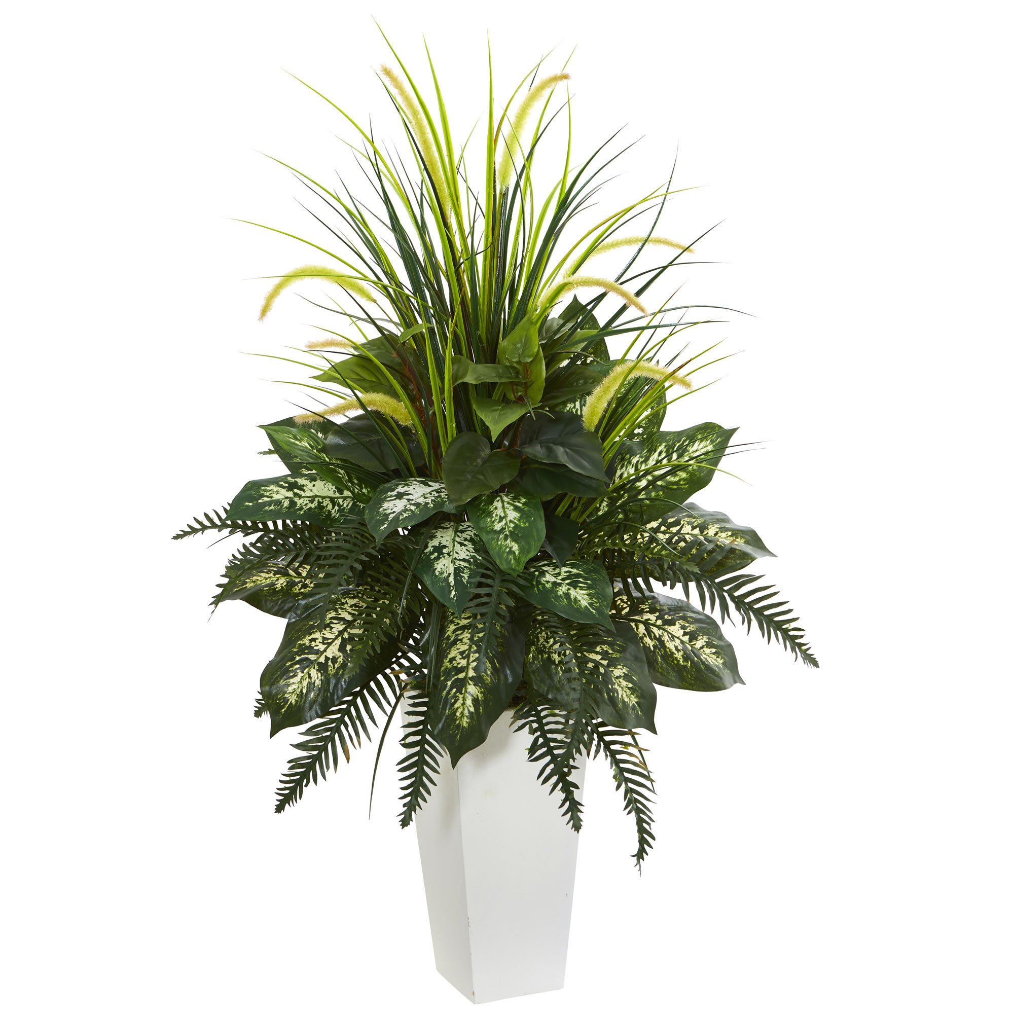 Nearly Natural Artificial White Mixed River Fern and Dogtail Plant, Tower Planter, Green,26"Dx26"Wx48"H