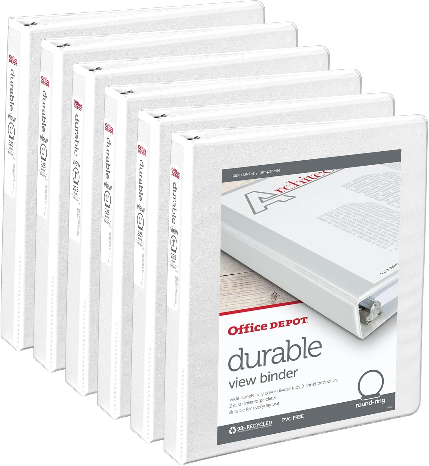 Office Depot® Brand Durable Round-Ring View Binders, 1" Rings, White, Pack of 6 Binders