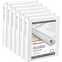 Office Depot® Brand Durable Round-Ring View Binders, 1" Rings, White, Pack of 6 Binders