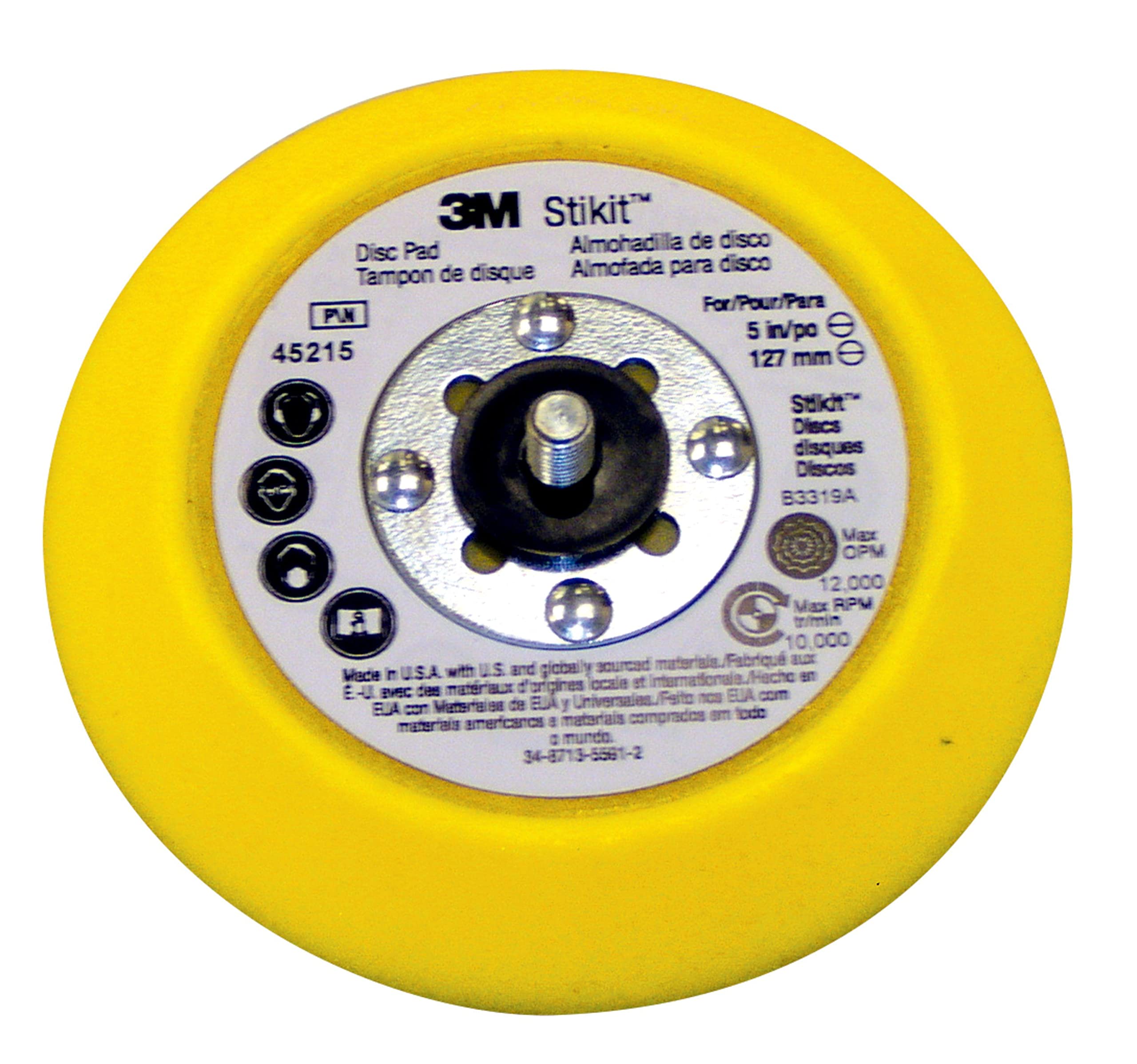 3M Stikit 45215 Medium Yellow PSA Disc Pad - 5 in Diameter - 3/4 in Thick