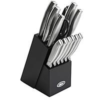 Oster Edgefield 14-Piece Stainless-Steel Cutlery Knife Set With Knife Block, Silver/Black