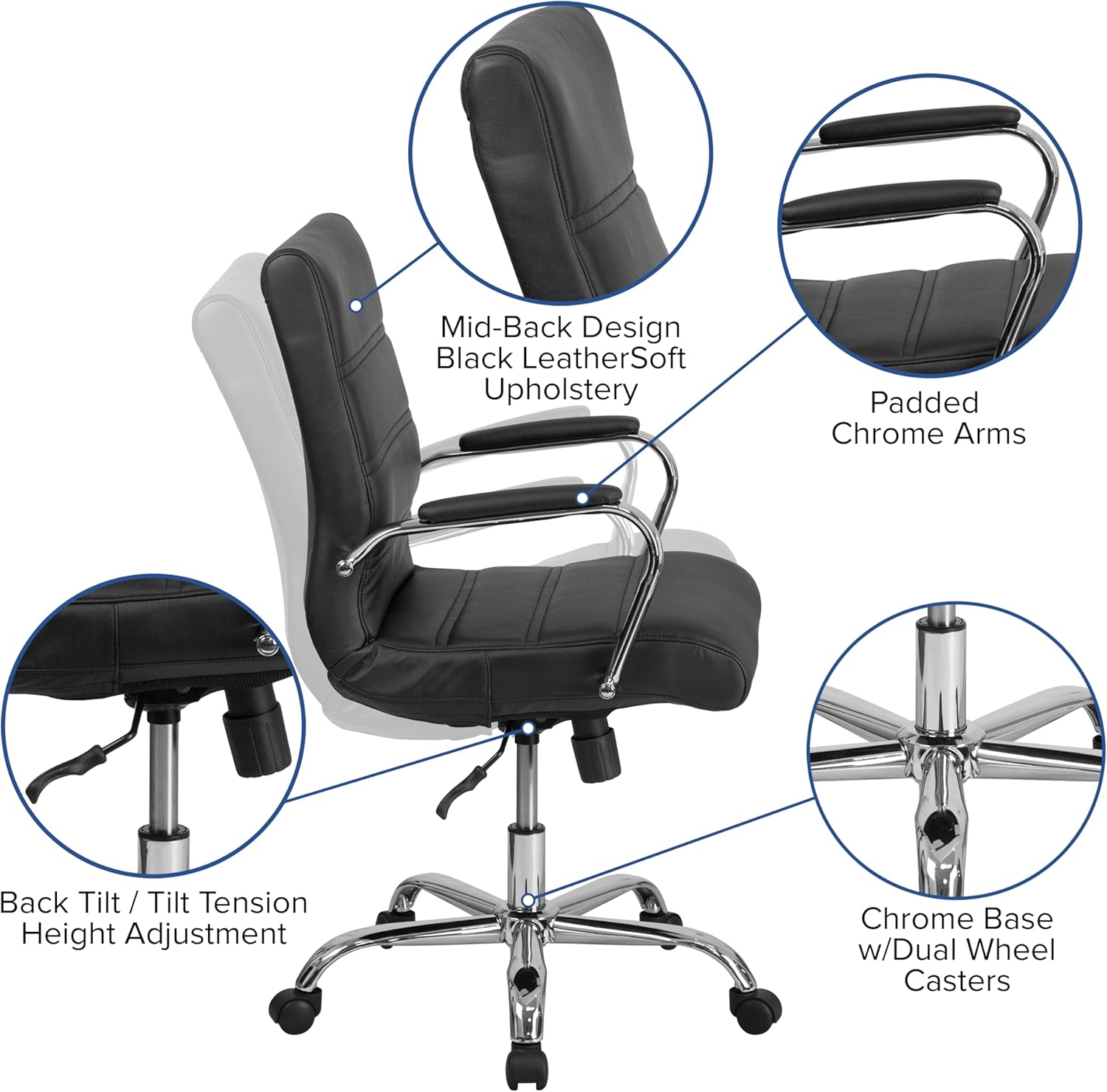 Flash Furniture Whitney Mid-Back Swivel LeatherSoft Desk Chair with Padded Seat and Armrests