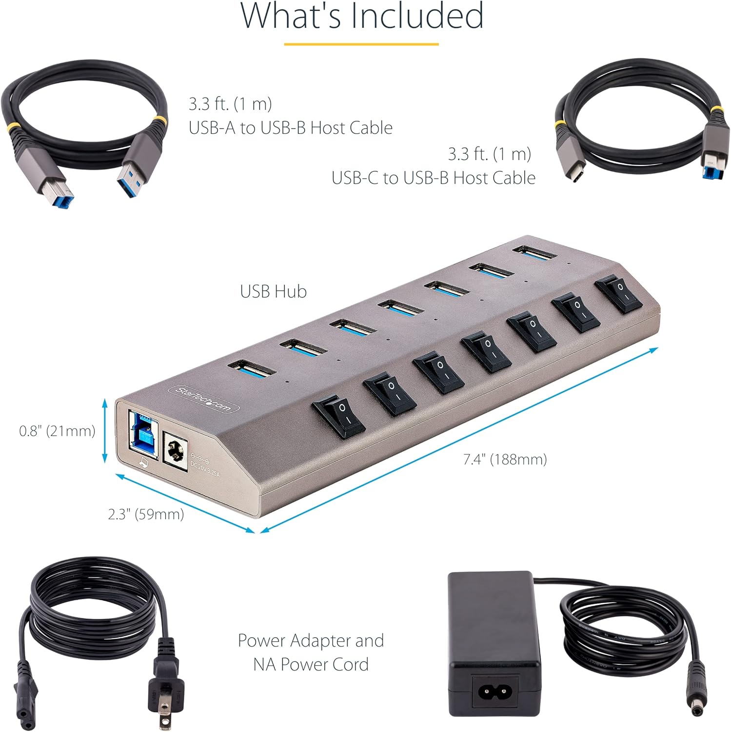 StarTech.com 7-Port Self-Powered USB-C Hub with Individual On/Off Switches, USB 3.0 5Gbps Expansion Hub withPower Supply
