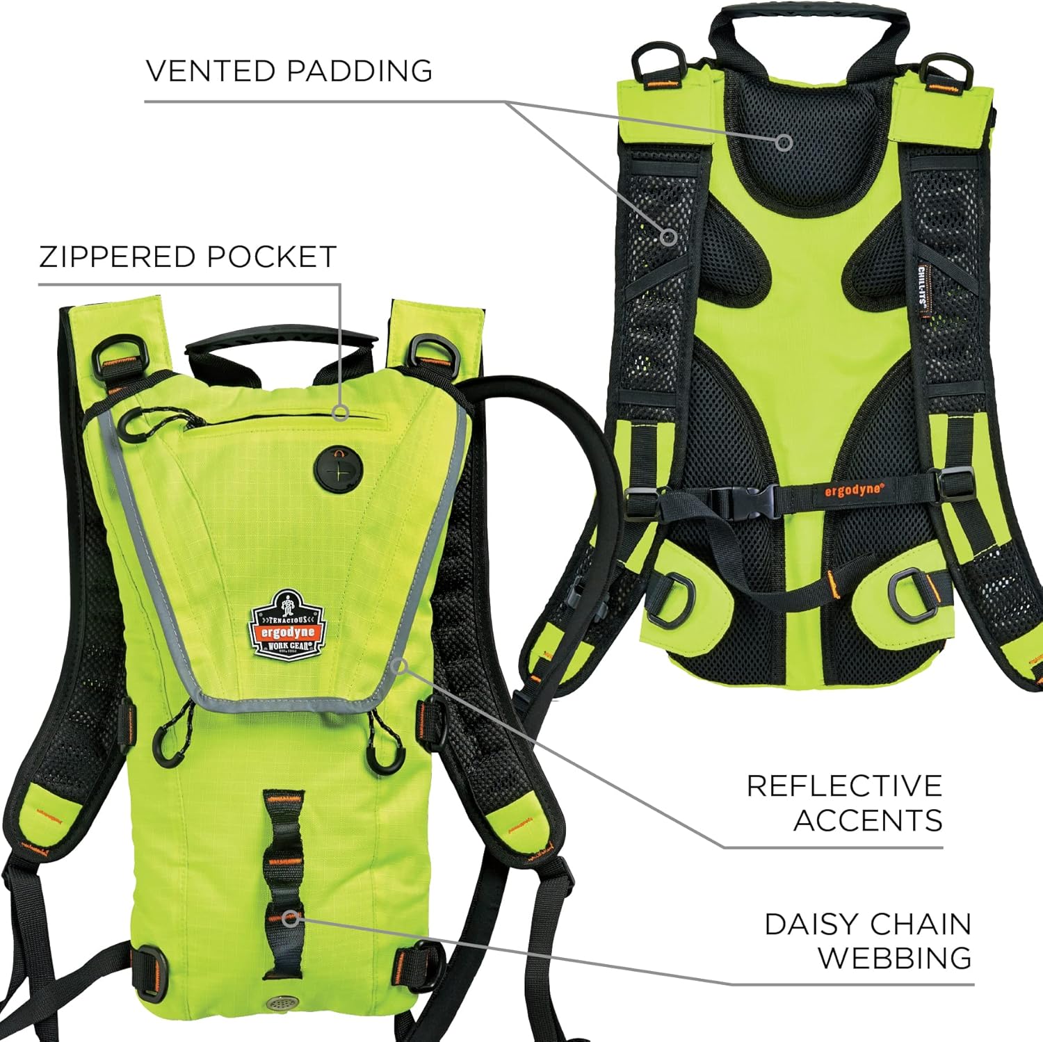 Ergodyne Chill-Its 5156 Hydration Backpack with Storage, Low Profile Pack, High Visibility Reflective, 3 Liter Bladder