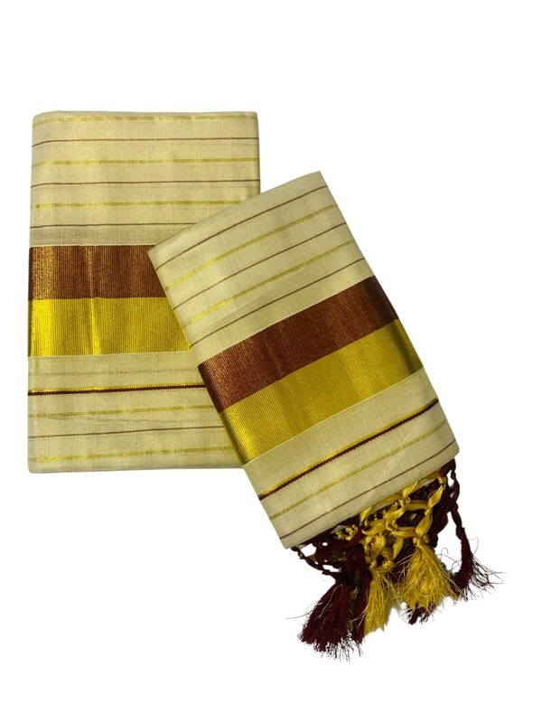 Women's Kuthampully Kerala Kasavu Set mundu Tissue with Kunjam | Kerala Tissue set mundu latest collections | Kuthampully set mundu - Multi color KTM-902 (Brown-Gold)