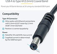 StarTech.com USB-A to Coaxial Barrel 5V Power Cable