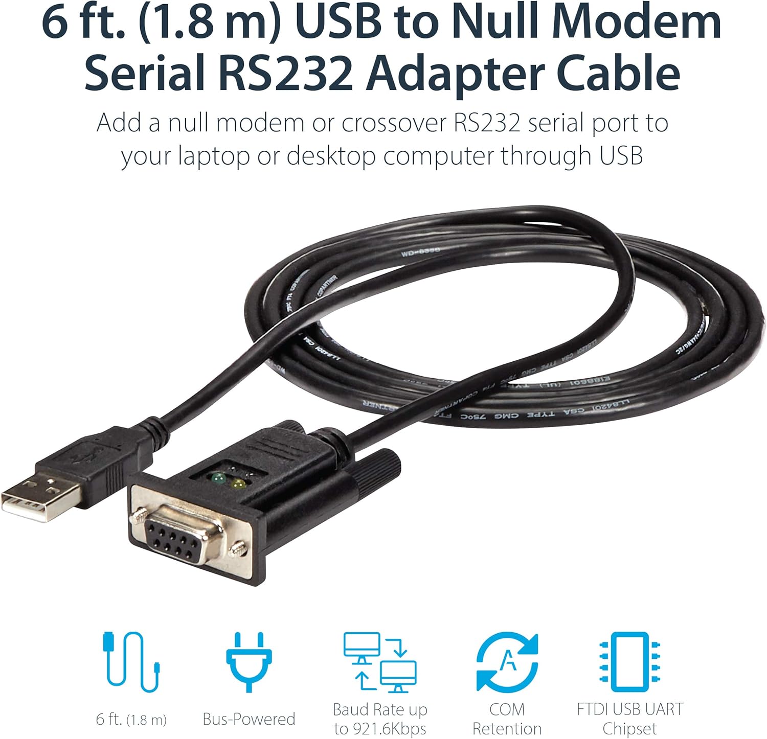 StarTech.com 6ft (1.8m) 1-Port USB to Serial RS232 Adapter, FTDI DB9 Serial DCE Adapter Cable, Null Modem, USB 2.0 - TAA