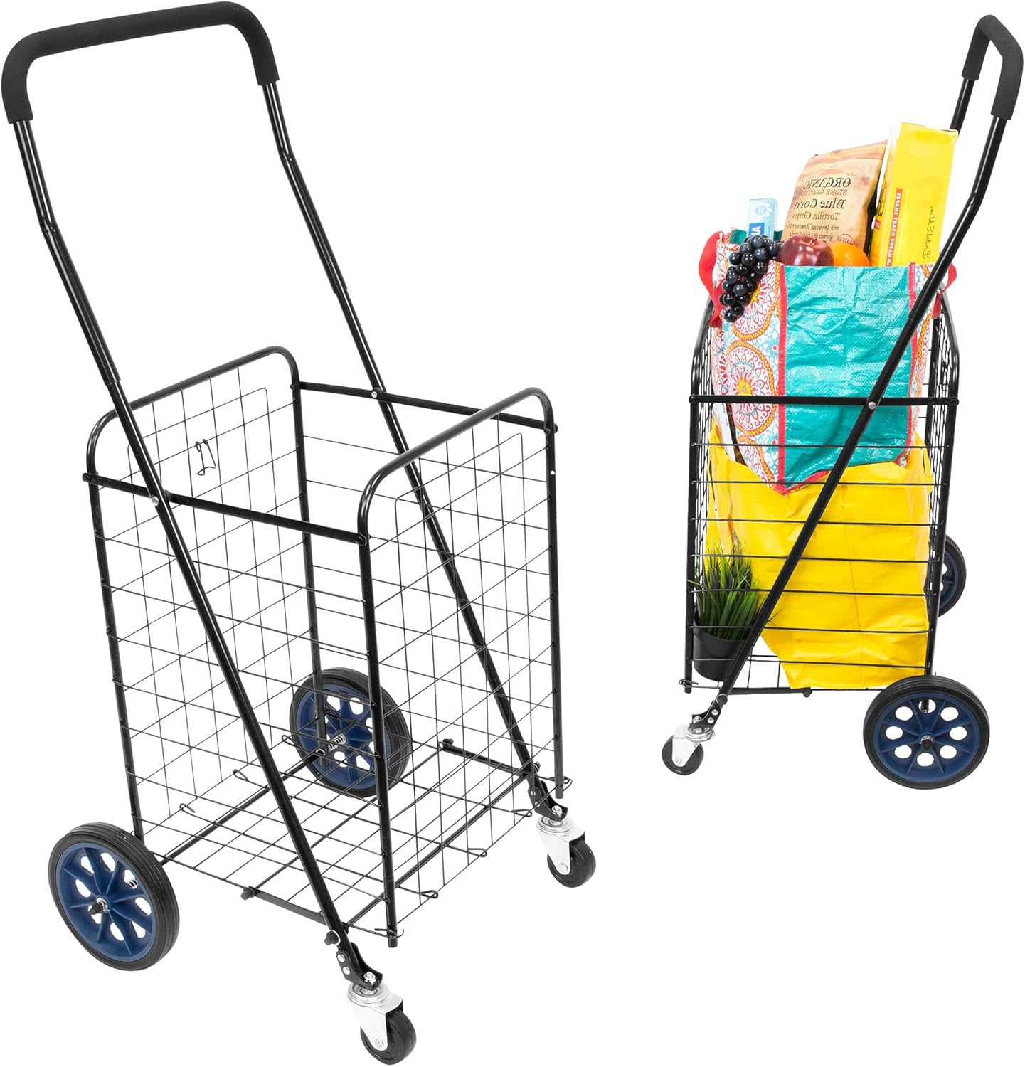 Mount-It! Foldable Shopping Cart with 360° Swivel Wheels, Portable Grocery Cart on Wheels with Extended Foam Handle