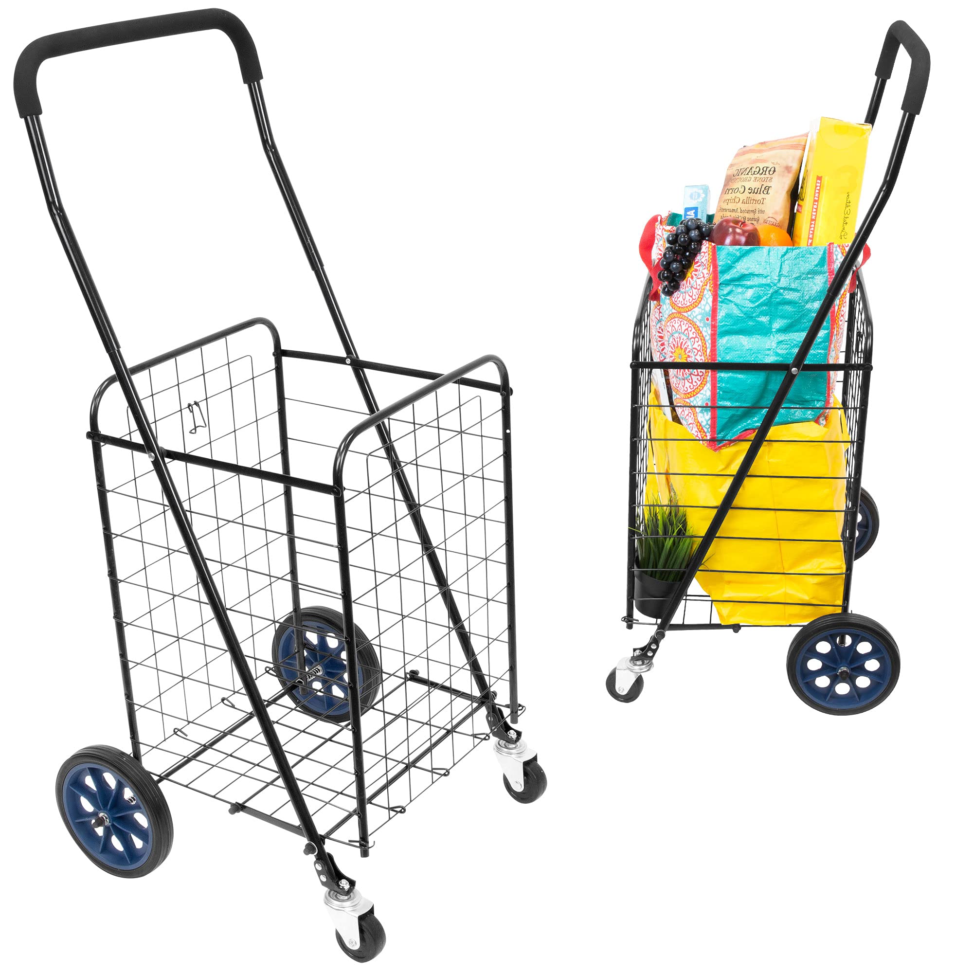 Mount-It! Foldable Shopping Cart with 360° Swivel Wheels, Portable Grocery Cart on Wheels with Extended Foam Handle