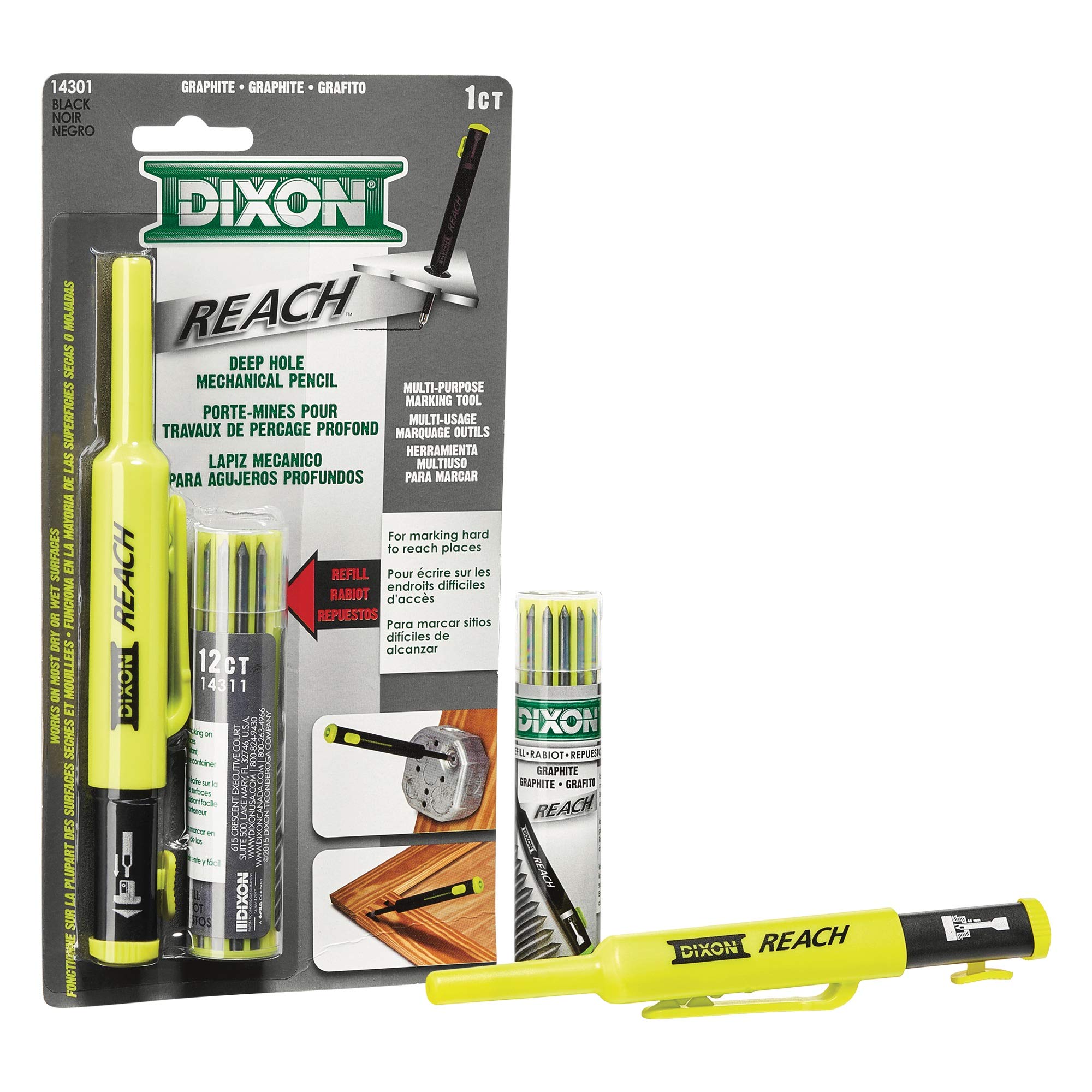 Dixon Industrial REACH- Deep Hole Mechanical Pencil with Lead Refills included, Yellow (14301)