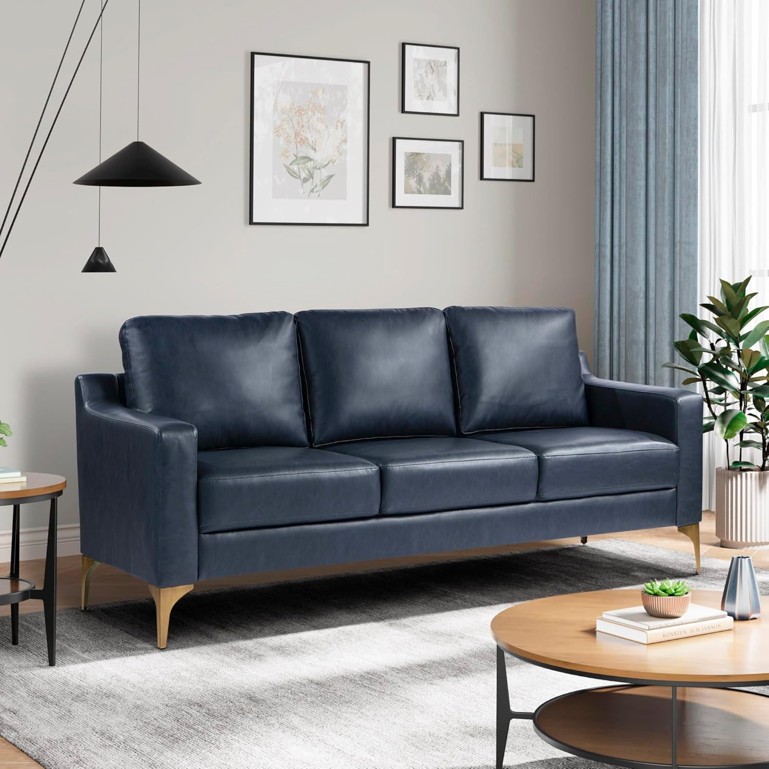Serta Florence Faux Leather Sofa, 35inH x 78inW x 33-1/2inD, Navy