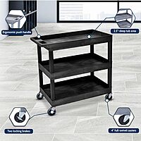 LUXOR EC111-B Heavy Duty Plastic Utility Cart, 32" x 18" Rolling Tub Cart with Three Shelves, 300 lbs. Capacity, Ergonomic Push Handle, Black 1 Pack Black