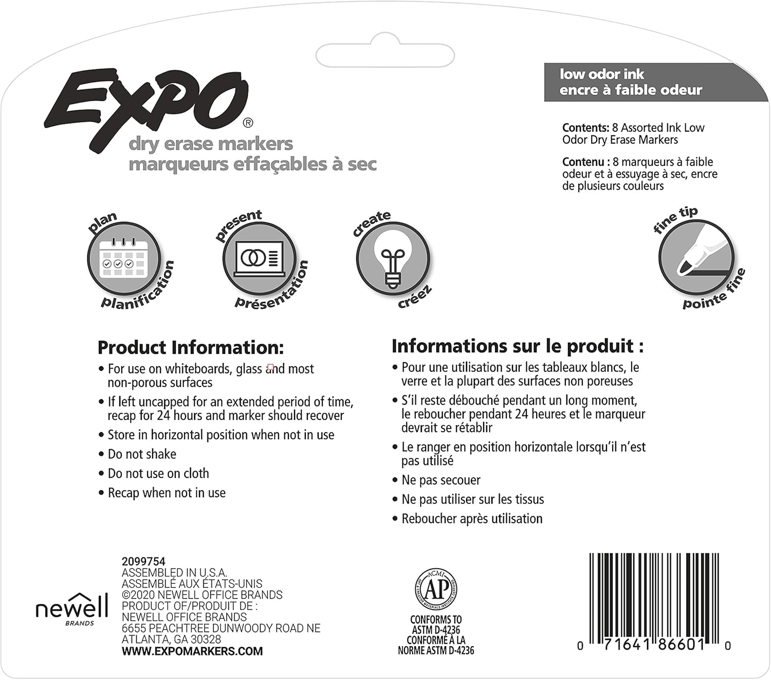 EXPO Low-Odor Dry-Erase Markers, Fine Point, Assorted Colors, Pack Of 8