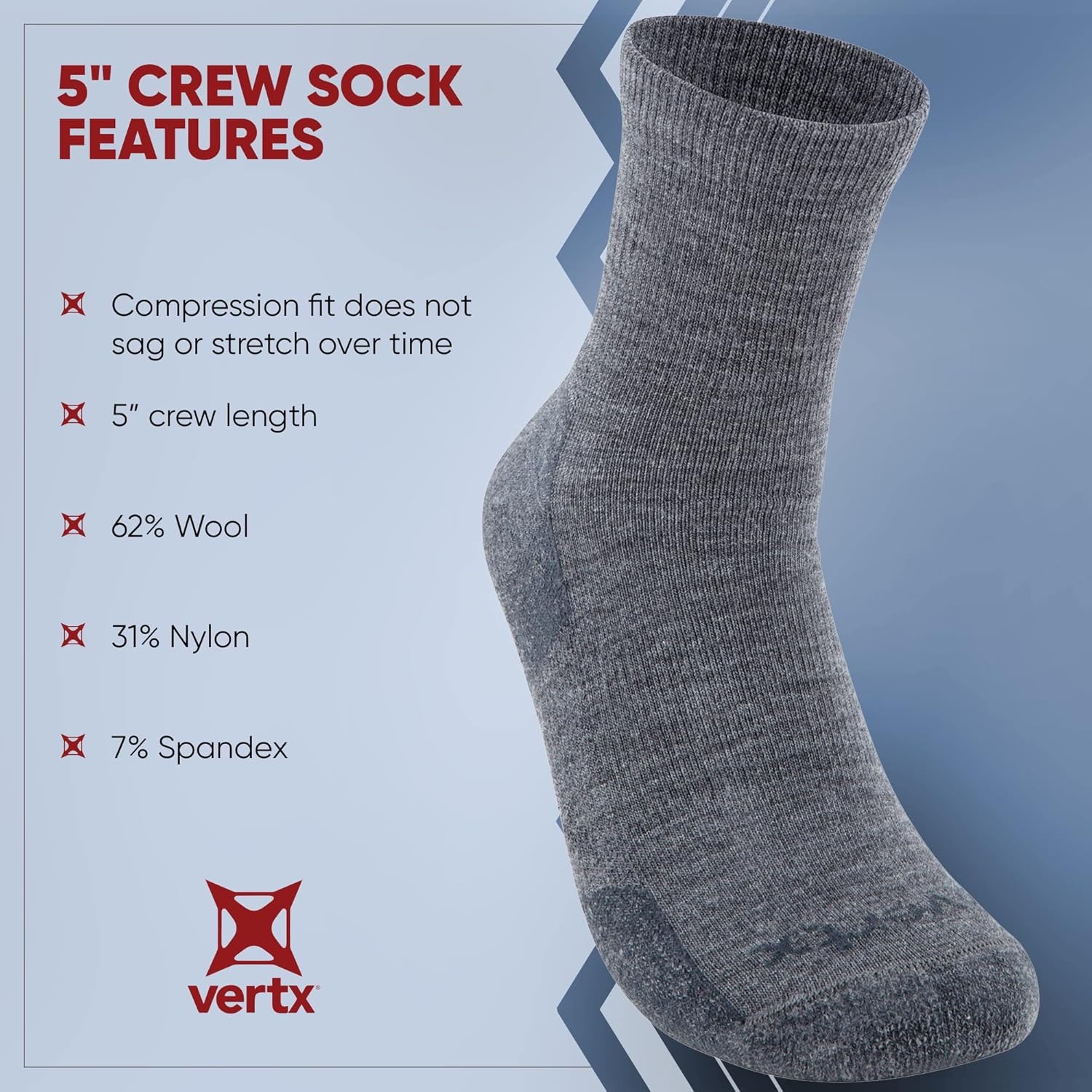 VERTX VaporCore Mens Crew Socks, Merino Wool Moisture Wicking with Odor Control