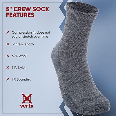 VERTX VaporCore Mens Crew Socks, Merino Wool Moisture Wicking with Odor Control