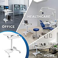 Mount-It! Mobile Workstation for Medical, Classroom, or Office Use, Height Adjustable Rolling Desk with Keyboard Tray, Storage Shelves & Locking Wheels, Portable Computer Cart – White