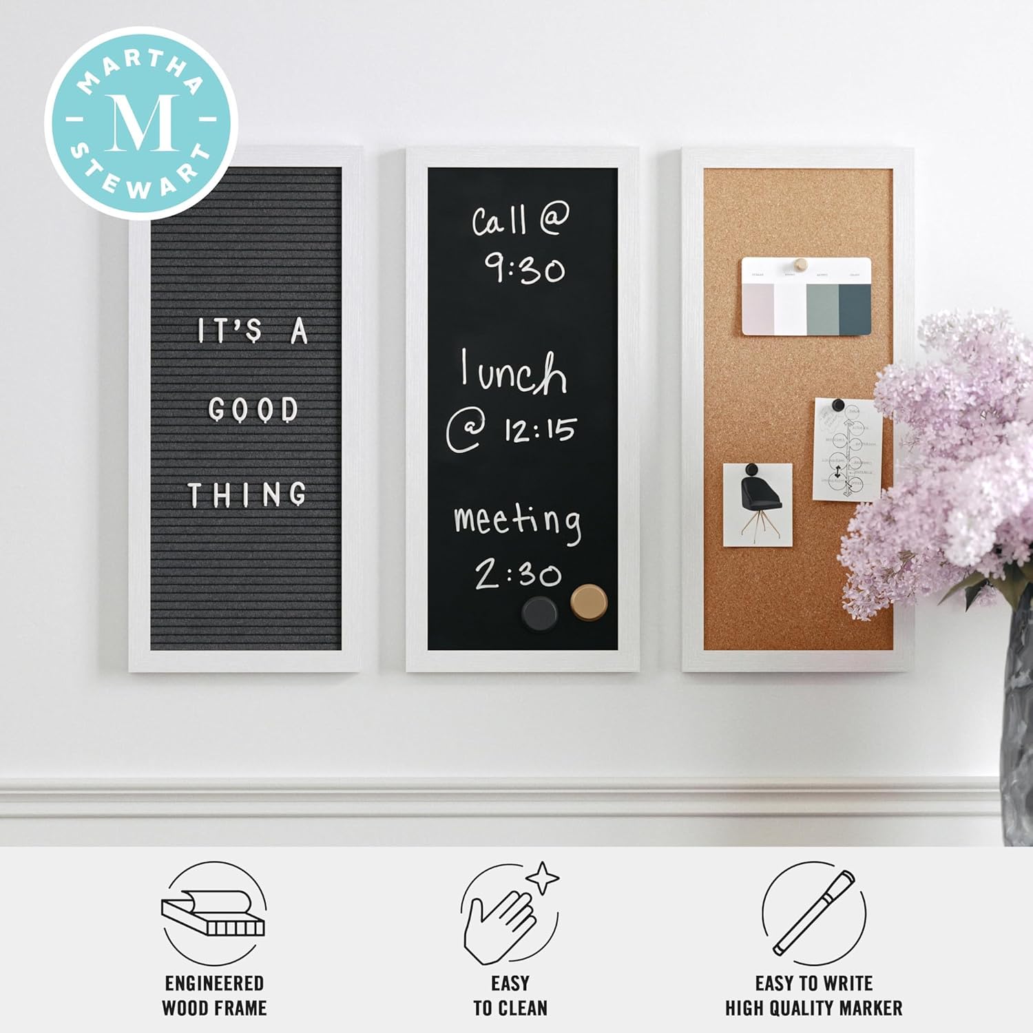 Martha Stewart Everette 3-Panel Cork, Chalk And Letter Board Set