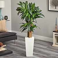 Nearly Natural Cornstalk Dracaena 60in Artificial Plant With Tower Planter, Green/White