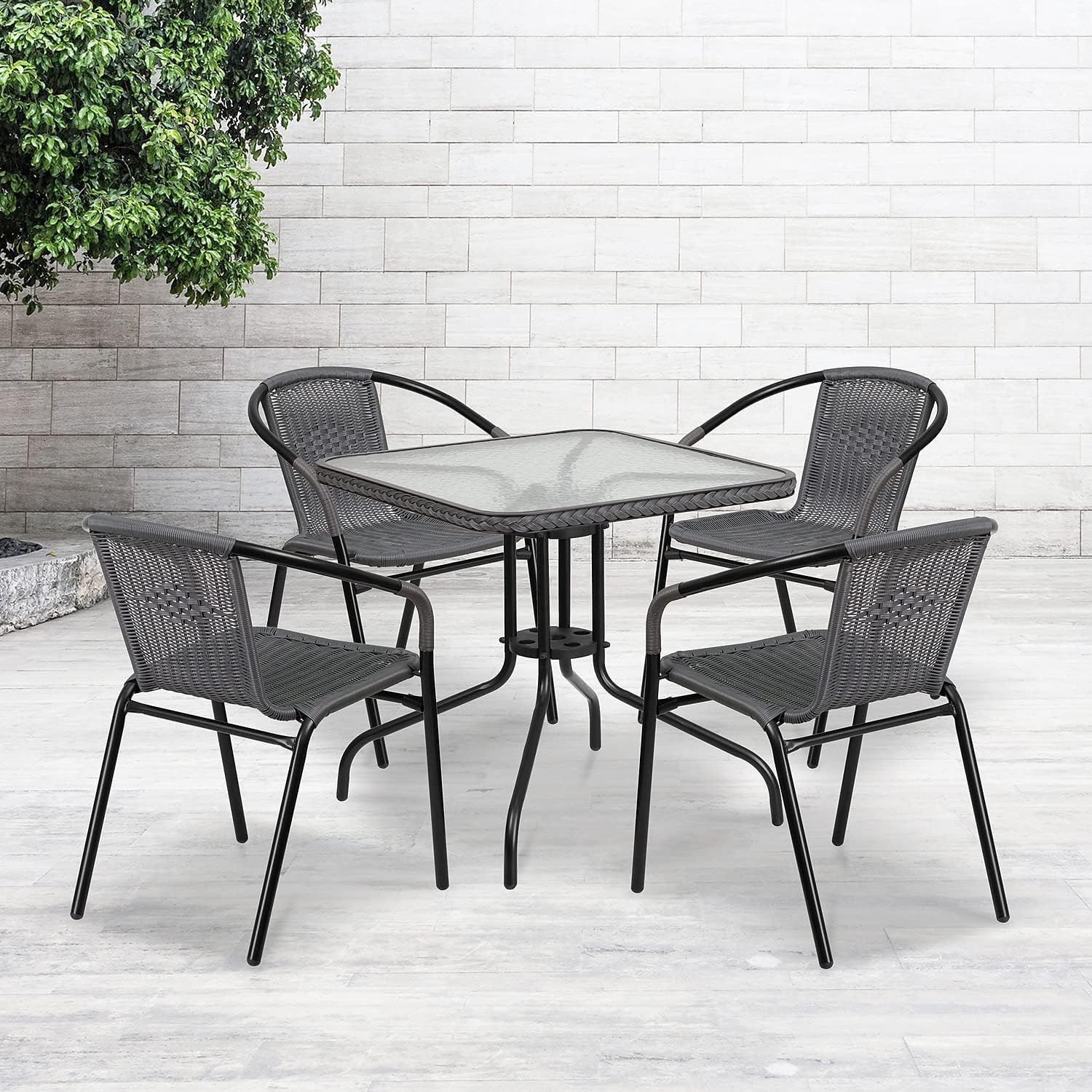 Flash Furniture 5-Piece 28in Square Indoor/Outdoor Patio Table and Chairs Set with Glass Metal Bistro Table and 4 Stackable