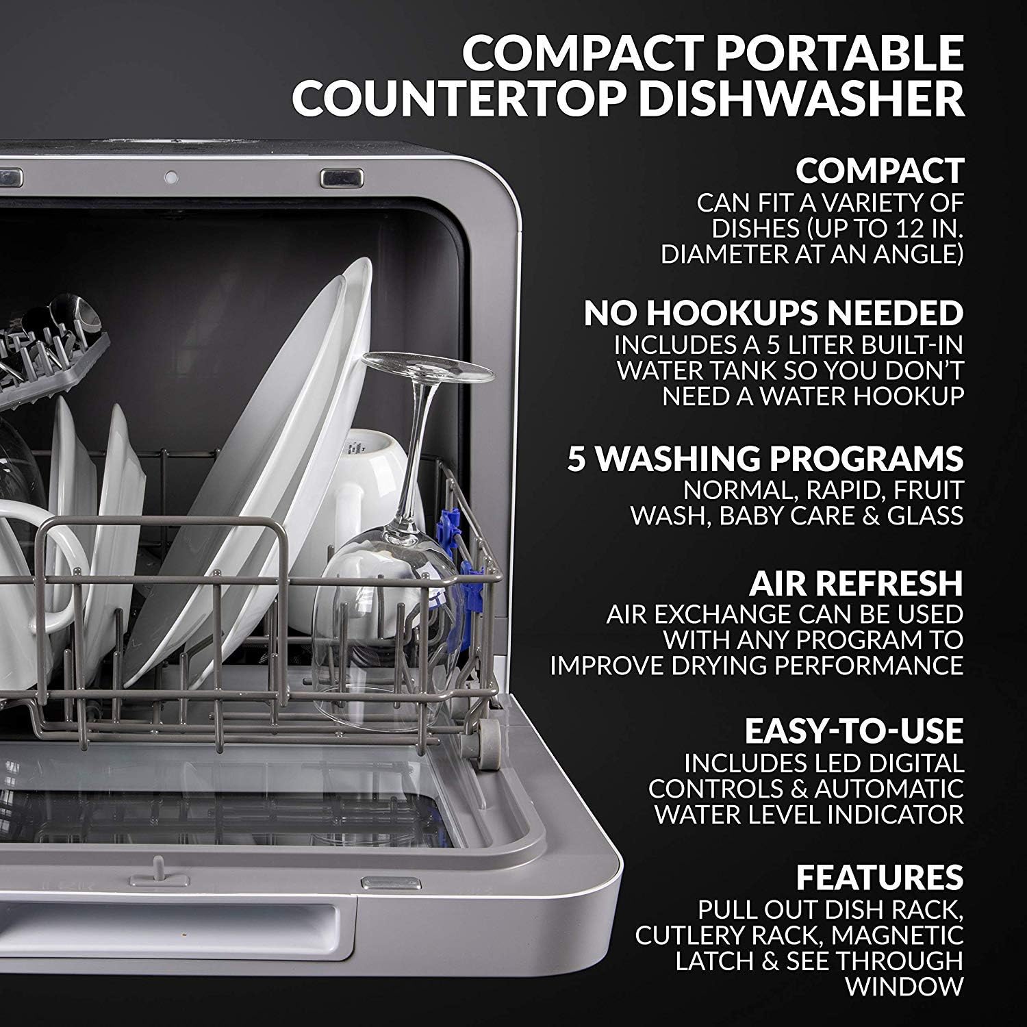Farberware FDW05ASBWHA Complete Portable Countertop Dishwasher with 5-Liter Built-in Water Tank, 5 Programs, Baby Care