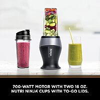 Ninja Fit Compact Personal Blender, Portable Blender for-Smoothies, Shakes, Food Prep, and Frozen Blending, 700-Watt Base, (2) 16-oz. Cups and Spout Lids, Black QB3001SS Push to blend