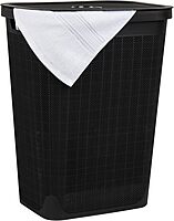 Mind Reader 60L Slim Laundry Hamper, Clothes Basket, Lid, Linen Design, Plastic, Black