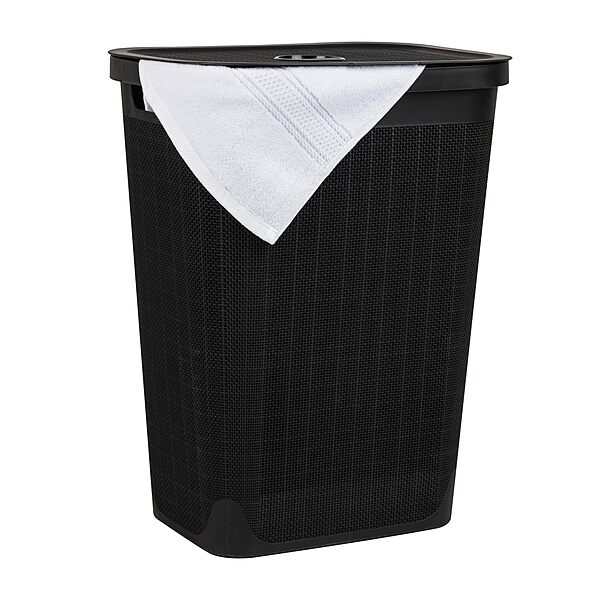Mind Reader 60L Slim Laundry Hamper, Clothes Basket, Lid, Linen Design, Plastic, Black