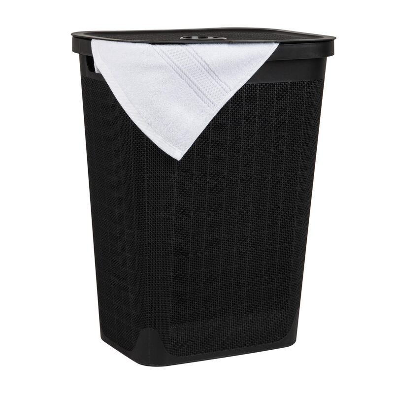Mind Reader 60L Slim Laundry Hamper, Clothes Basket, Lid, Linen Design, Plastic, Black