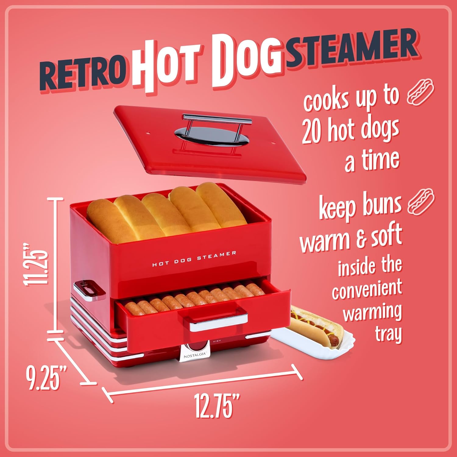 NOSTALGIA Extra Large Diner-Style Hot Dog Steamer & Bun Warmer