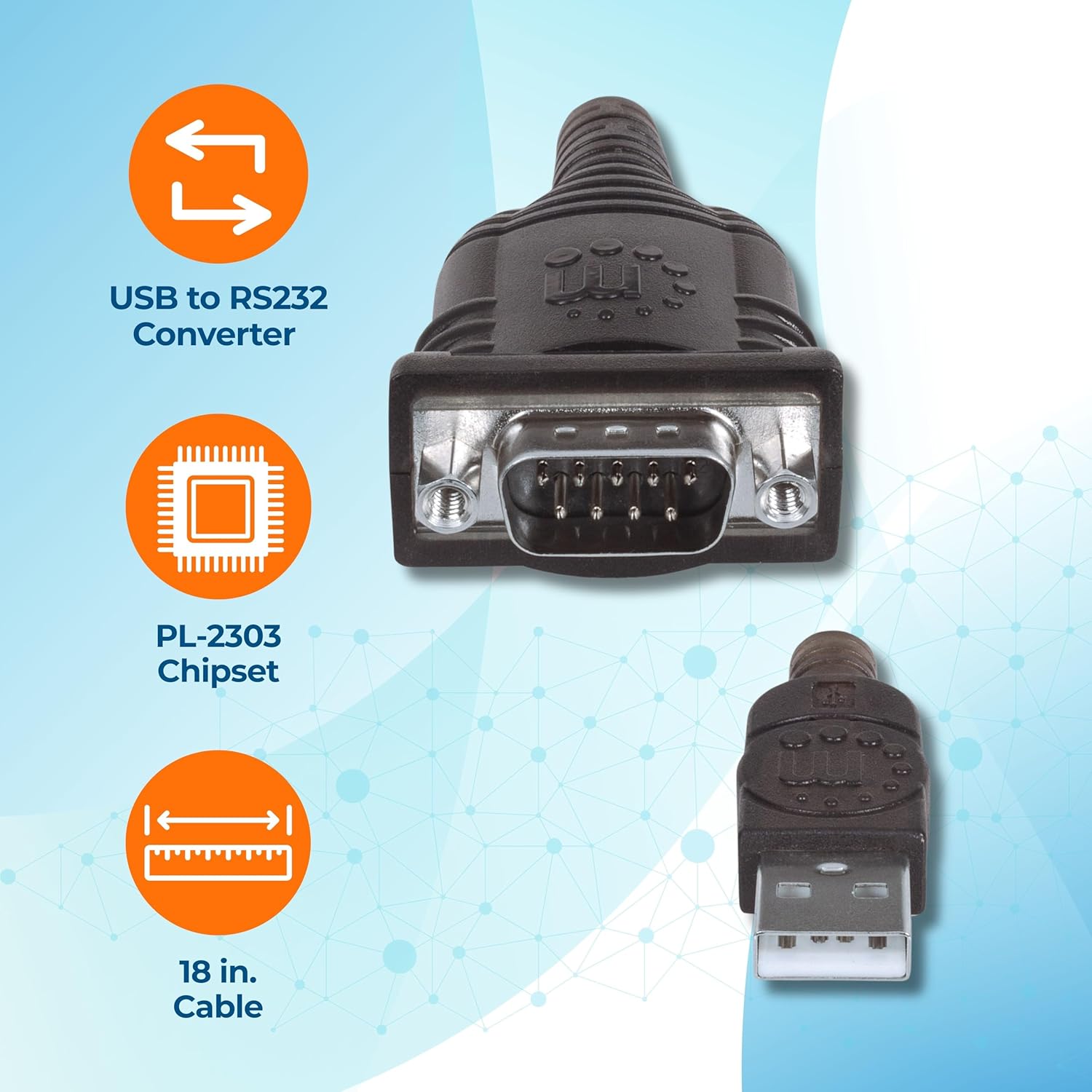 Manhattan USB to RS232 Serial Adapter Converter – Long 18 Inch Cable Cord, 24 AWG - Connects Serial Device to a USB Port
